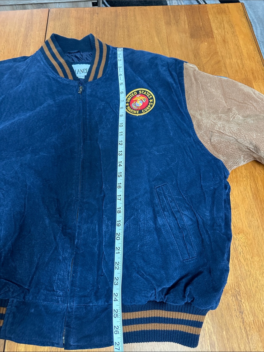 Avalanche men’s vintage varsity style, blue/ brown suede jacket. Marine patches - Picture 6 of 13